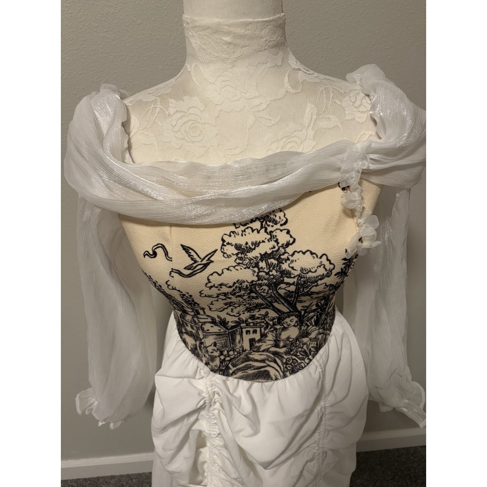 Toile Bodice Milkmaid Dress ~6~White Chiffon Slv Fairy Tale Parachute Hi Low Hem - Picture 5 of 16